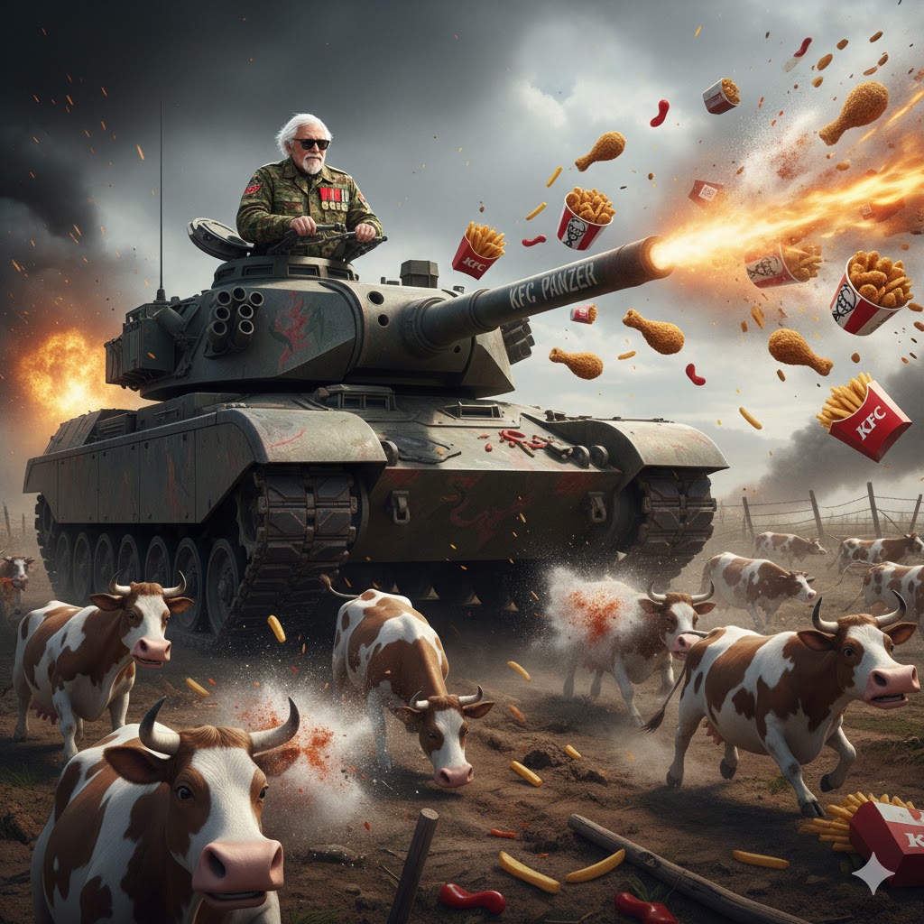Colonel Sanders plows forward in a tank. KFC chicken buckets, drumsticks, and fries shoot out of his cannon and are scattered across the battlefield. A herd of cattle are running away from the tank as if retreating.
